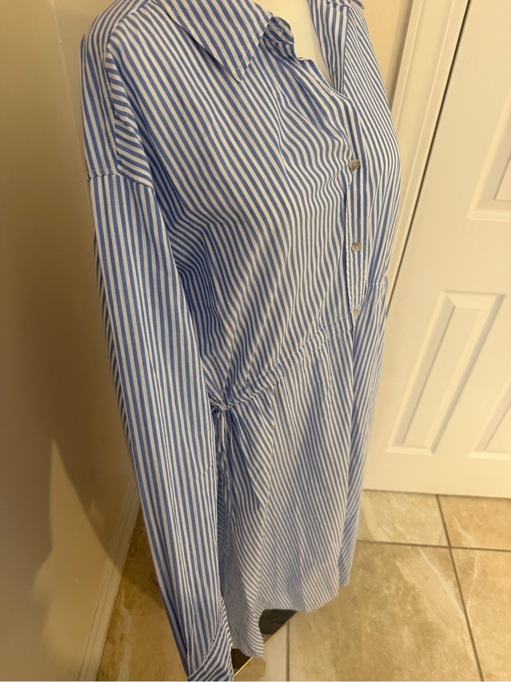 Universal Thread Blue and White Striped Midi Skirt with Shirt-Style Waist